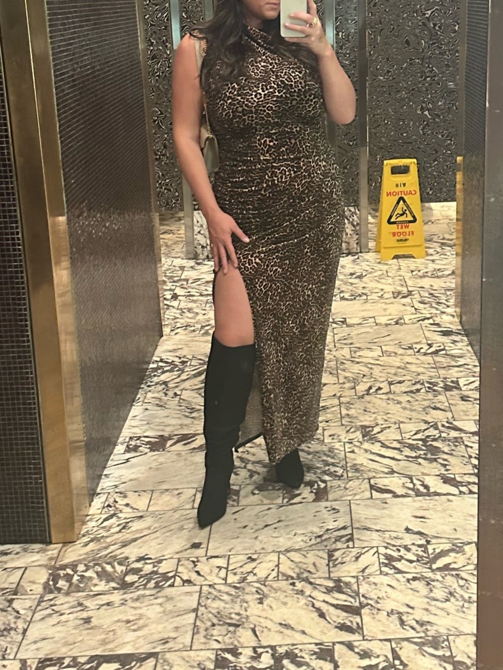 Good American Leopard Print Velvet High Neck Maxi Dress - Brown